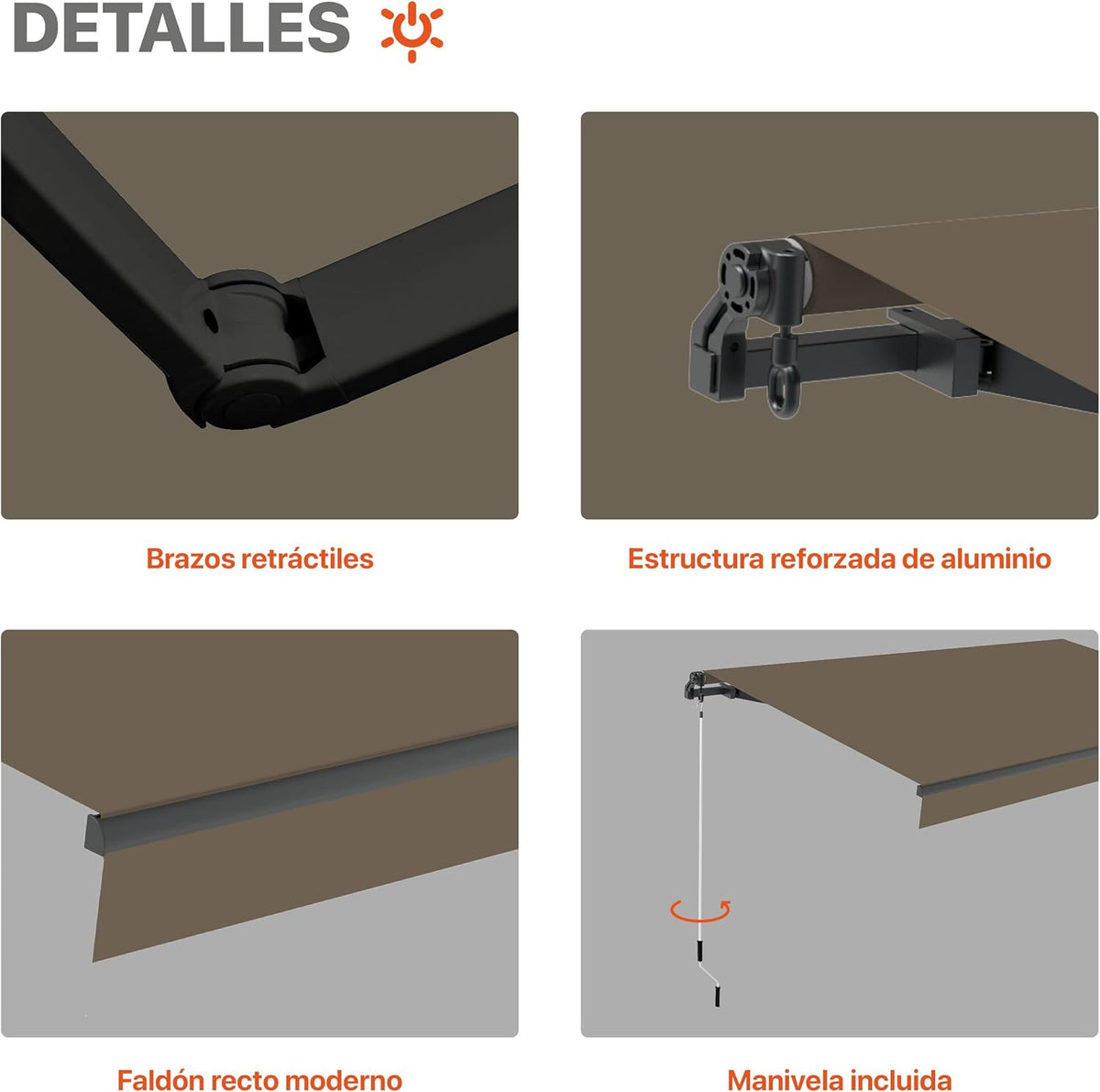 SmartSun Dark zonnezeil voor buiten, handmatig, 3 x 2 m, voor terras, balkon of tuin, intrekbaar frame antraciet, robuust aluminium, polyester canvas, oprolbaar, zwengel inbegrepen, taupe