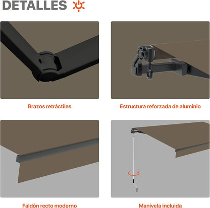 SmartSun Dark zonnezeil voor buiten, handmatig, 3 x 2 m, voor terras, balkon of tuin, intrekbaar frame antraciet, robuust aluminium, polyester canvas, oprolbaar, zwengel inbegrepen, taupe
