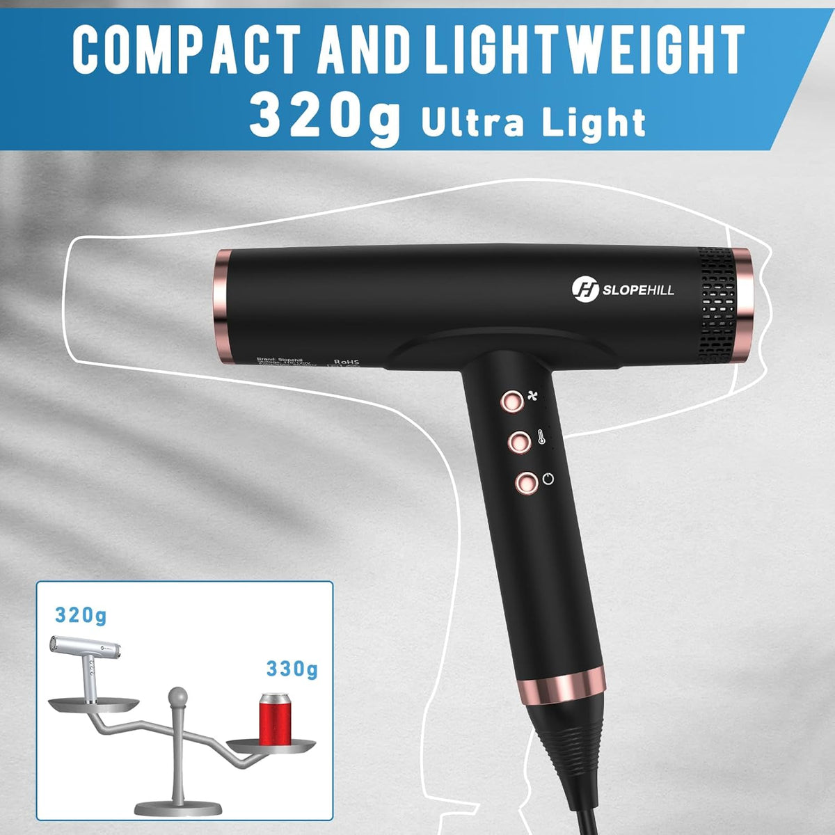 Ionen Föhn Mat Zwart – Haardroger – Reisföhn – Salonföhn – Föhn Met Diffuser – 2000 W Borstelloze Motor – 320 g Lichtgewicht