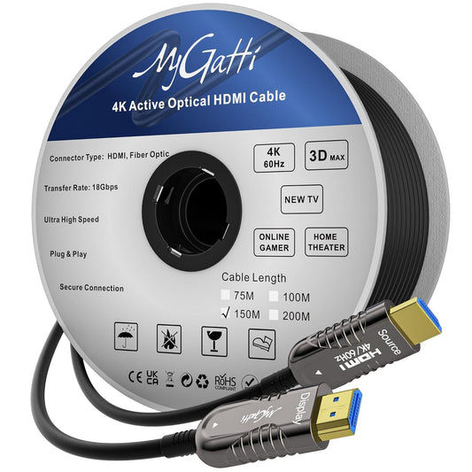 4K HDMI glasvezelkabel 150 meter, HDMI optische kabel 2.0,4K @60Hz 18Gbps High Speed UHD Fiber Optic AOC, 4:4:4 RGB, behuizing van zinklegering, slanke buitendiameter: 4,8 mm