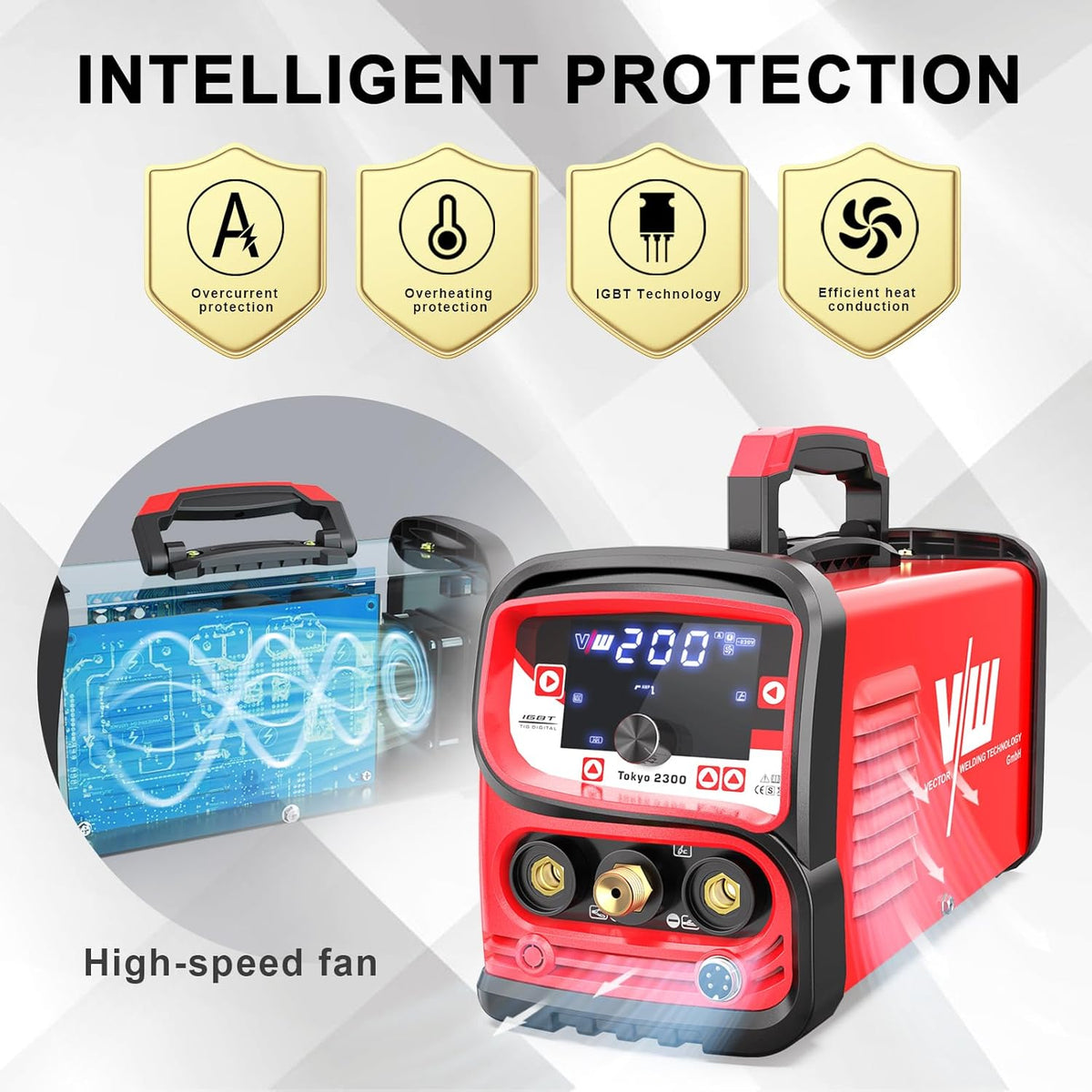 TIG professioneel lasapparaat 200 A, elektrode-las-functie, pulsfunctie, gas pre- en post-run, stroomstijging en -daling, taakgeheugen, inverter, IGBT, Tokyo 2300, Vector Welding