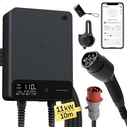 dé Wallbox 11kW [10m, 6-16A, 3-Fase] EV Oplader 11kW met APP en RFID, EV-laadstation met Aardlekschakelaar Type B en IP54 Bescherming, voor BEV/PHEV, Zwart