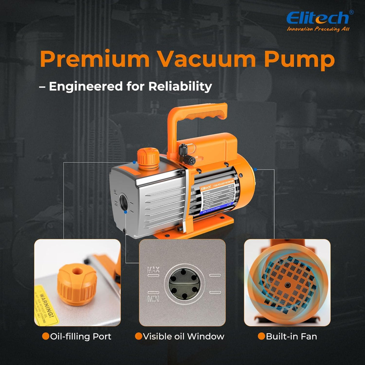 Elitech NVP-5 HLK Vacuum Pump 5CFM (8.5 m³/h), 2 l/S 1/3 HP (0.25 kW), Single Stage Rotary Vacuum Pump for HVAC and Cooling Systems, CE Certified, Industrial Quality, Sustainable and Low Maintenance - QUORE