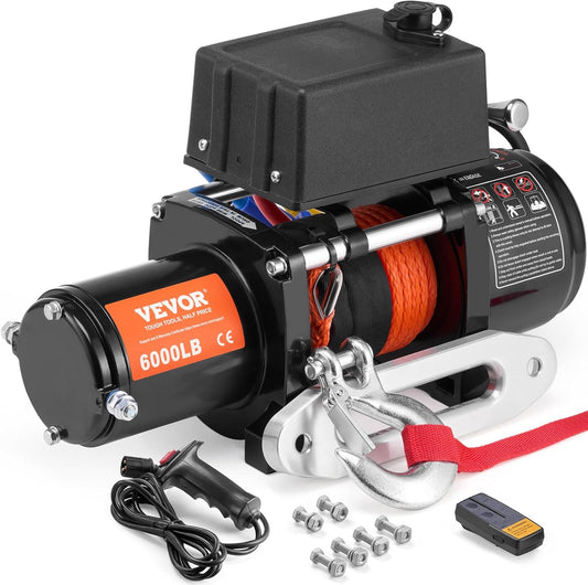VEVOR Electric Winch, 6000 Lbs Truck Trailer Winch, 12V DC 1/4" x 55ft Synthetic Rope Aluminum Fairlead Wireless&Wired Remote Control, IP55 Waterproof Tow for Off Road SUV ATV UTV