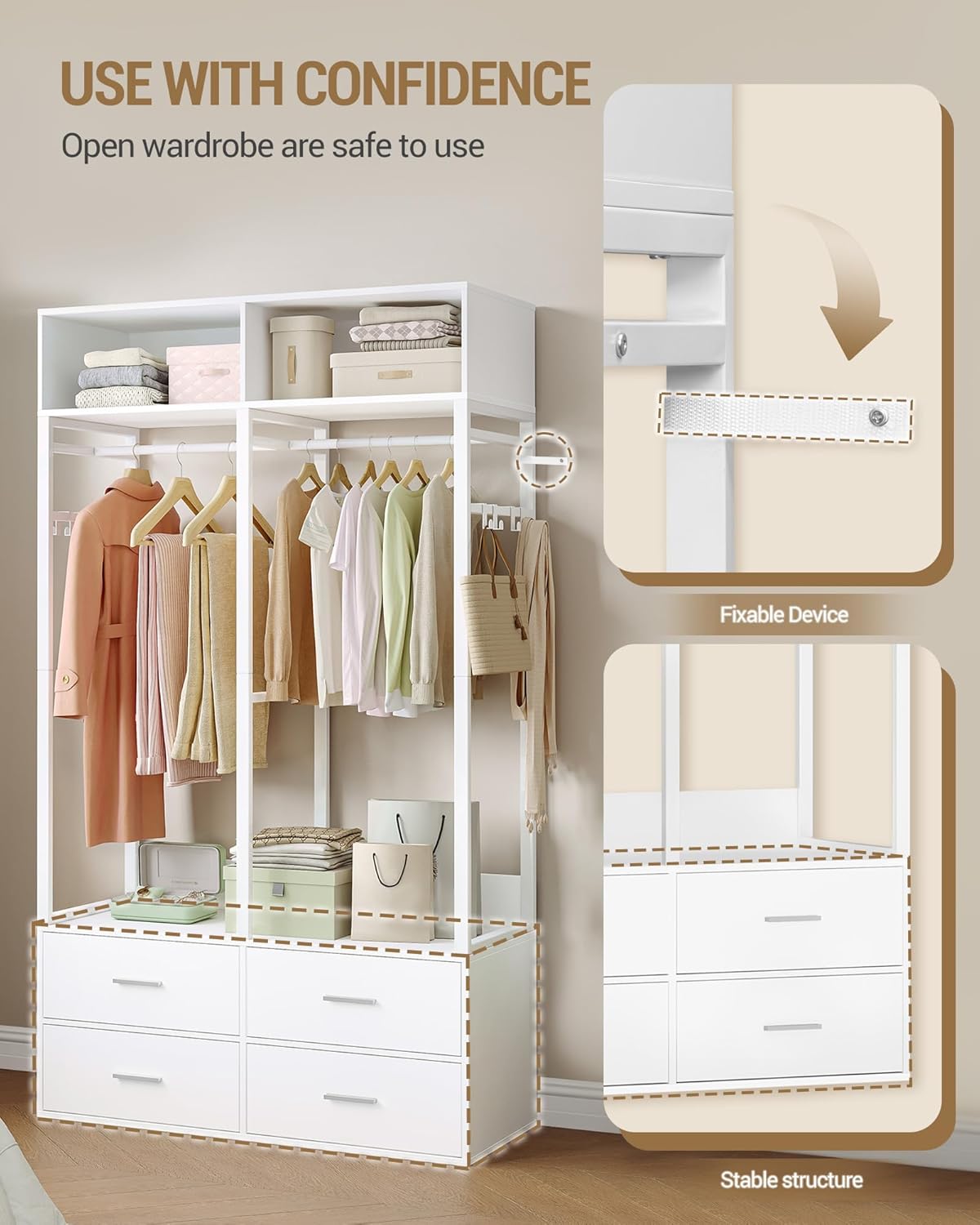 Hzuaneri Wardrobe,Open wardrobe,With 4 wooden drawers,Top storage compartment,Ironwood,Modern style,Suitable for bedrooms and dressing rooms, 39.4 x 16.9 x 72.8 inch, White BW06603W
