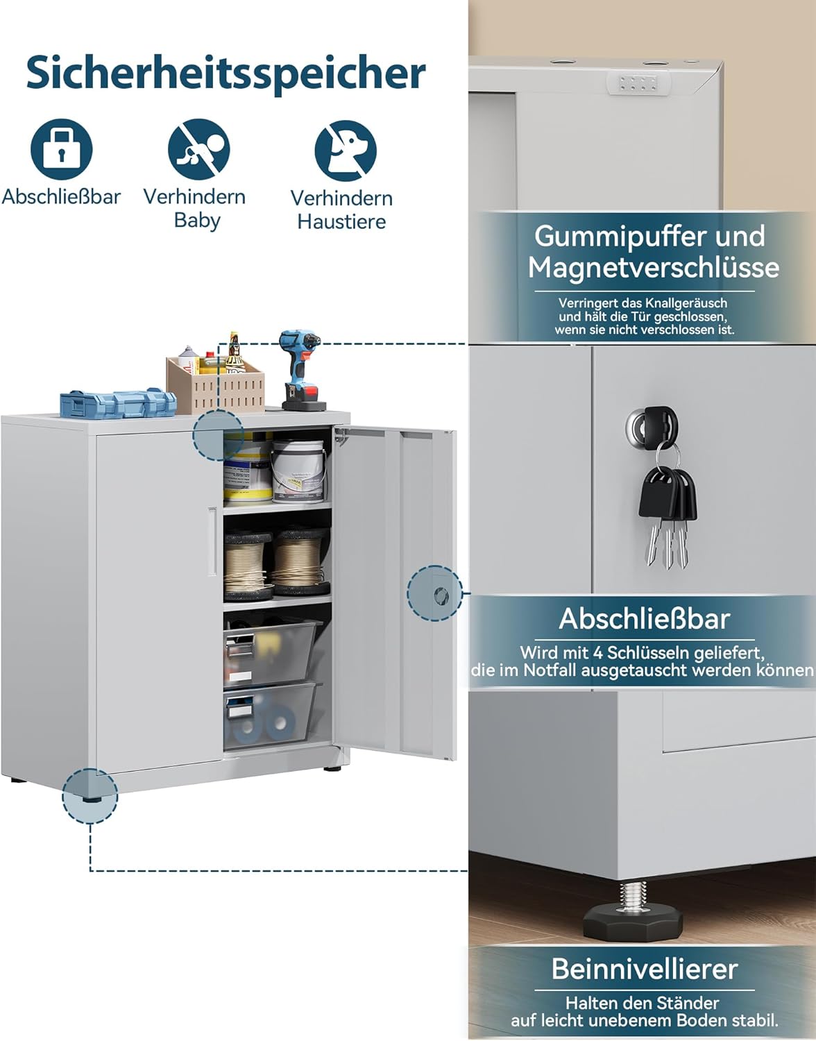 Metal Cabinet with Key Clasp, with 3 Shelves for Office, Adjustable Shelves for Office, Garage, Storage Room, Grey White - QUORE