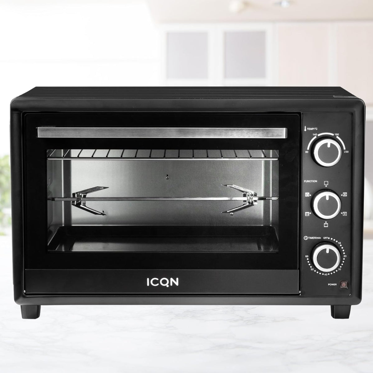 ICQN 50 liter mini oven | 1400 W | Circulerende lucht | Pizzaoven | Dubbele beglazing | Braadspit | Timer | Inclusief bakplaten set | Elektrische mini-oven | 40 ° -230 ° C | Geëmailleerd | zwart