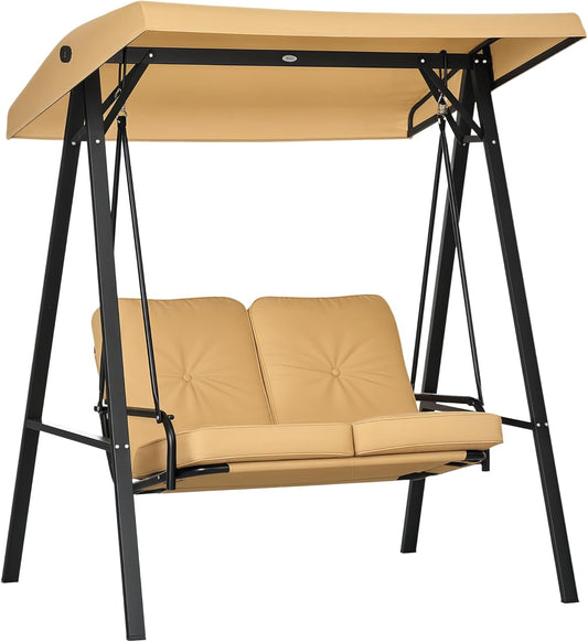 Outsuuny Hollywoodschaukel 3-Sitzer Gartenschaukel mit verstellbarem Sonnendach, Schaukelbank belast bis 220 kg, Gartenliege für Garten, Terrasse, 138 x 106 x 174 cm, Beige - QUORE