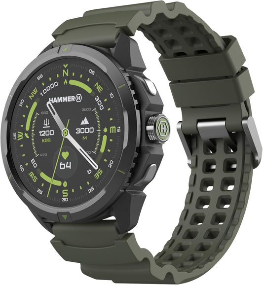 Hammer Watch 2 Military Edition, GPS, AMOLED Gorilla-glas 1,5 inch, grote 530 mAh batterij, tot 15 dagen gebruik met één lading, 5 ATM-weerstand, SOS-knop, LED-zaklamp, groen, 1.5 zoll, Tactisch