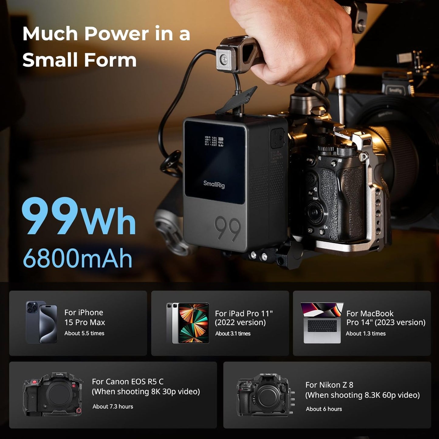 SMALLRIG V Mount Batterij VB99, 99Wh / 6800mAh V-Mount Batterij met PD 100W USB-C Snelladen, met D-TAP, USB-A, Dubbele DC Poort, OLED Scherm, voor Camera, Camcorder, Monitor, Videolamp, Zwart - 3580B