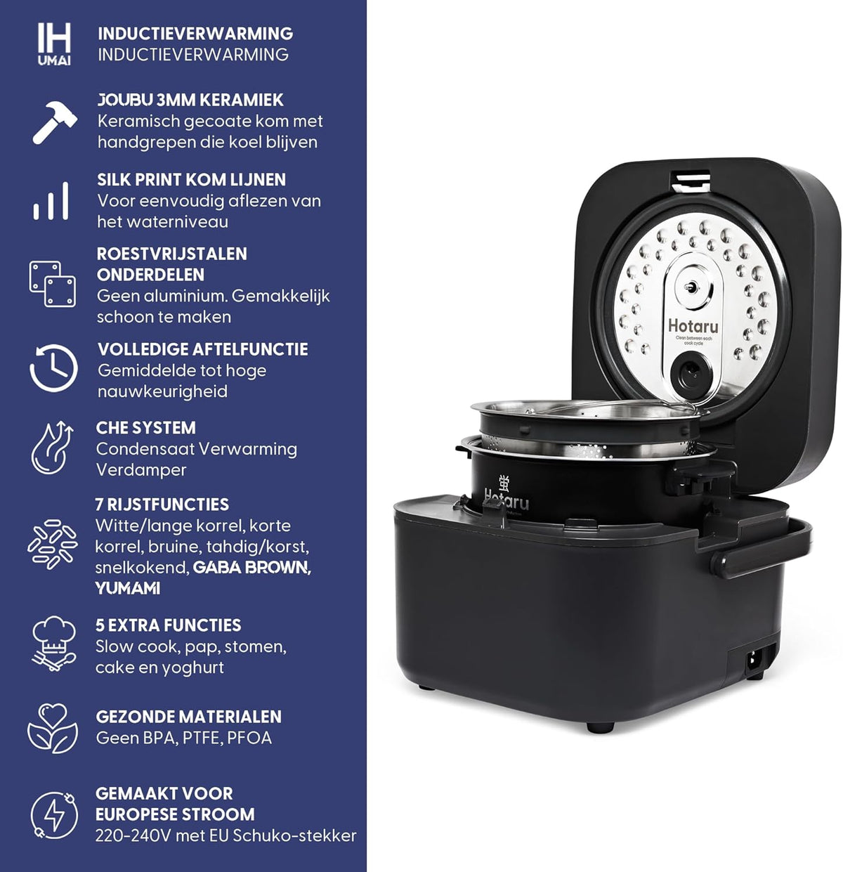 Inductie-Rijstkoker – Rijstkoker – Elektrische Rijstkoker – IH-Rijstkoker – Compacte Rijstkoker – 0,54 Liter Voor 1 Tot 3 Personen – 7 Rijststanden En 5 Multifunctionele Programma’s