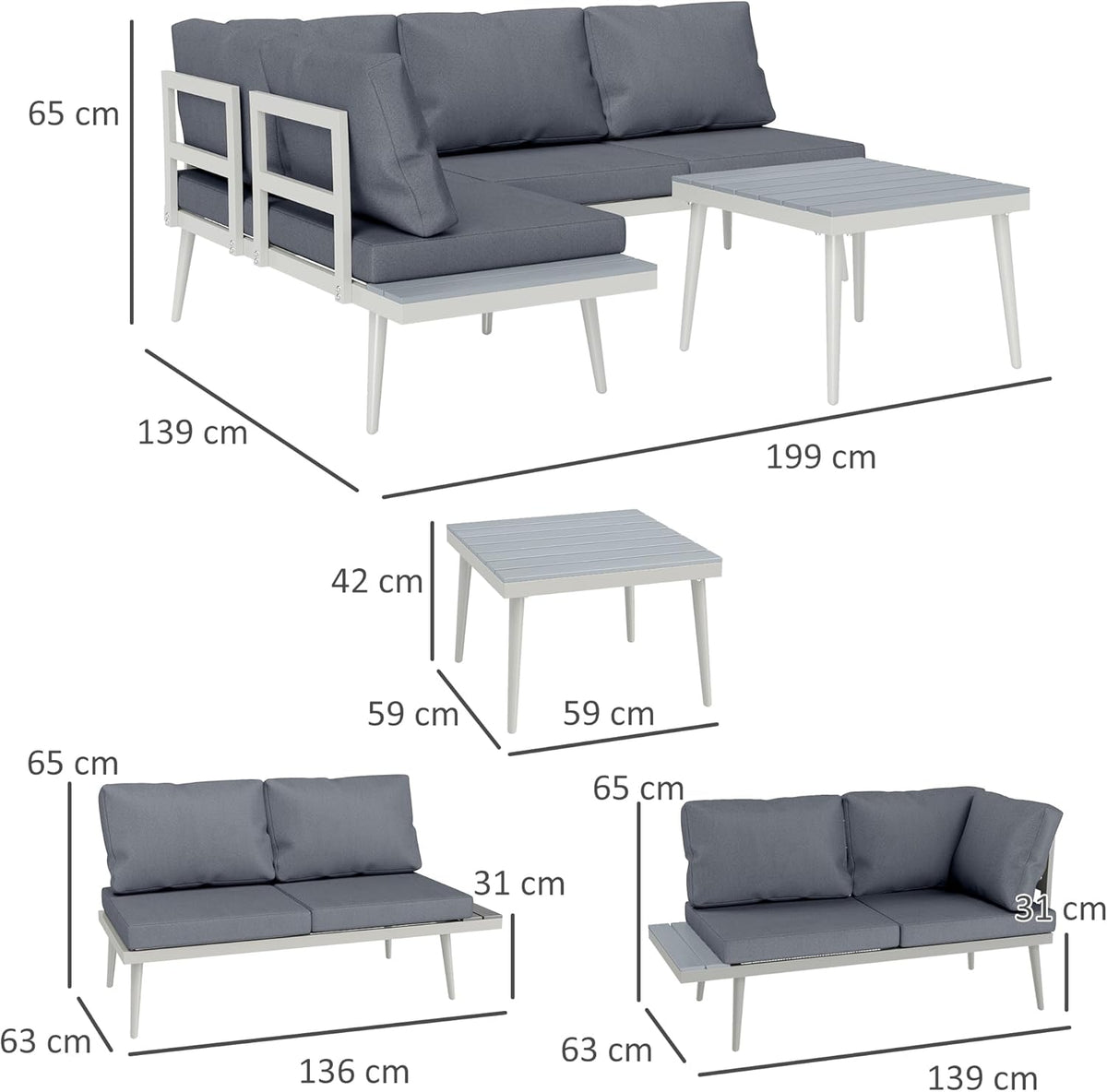 Outsunny Gartenmöbel Set 4 Persons wetterfest Balkonmöbel-Set mit 2er Sofa, Kissen Beistelltisch Stahl Outdoor Sitzgruppe Terrassenmöbel Gartengarnitur Gartenlounge für Garten Terrasse Grau
