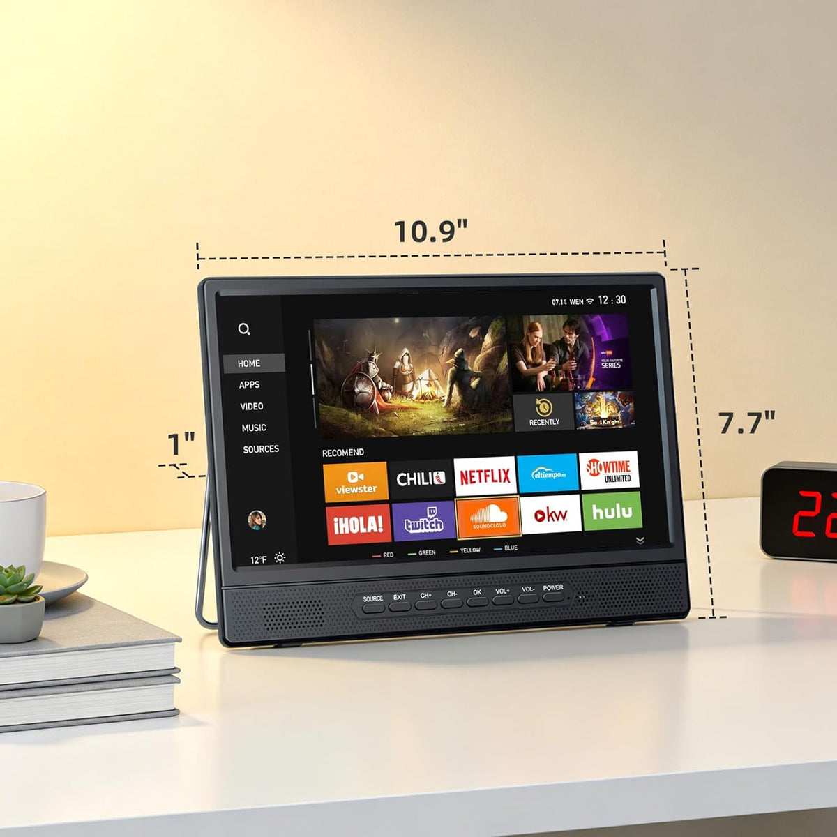 Desobry 12 Inch Portable Smart TV Android, Mini Televisie voor Keuken, Caravan, Camper, HDMI USB AV Hoofdtelefoon, DVB-T2 Freeview, 180° Verstelbare Stand