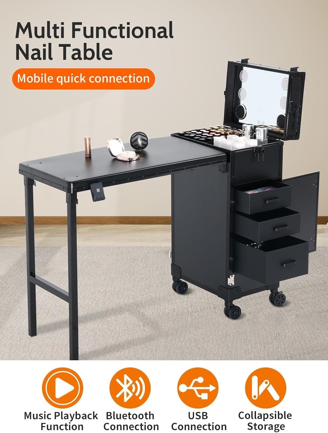 Manicuretafel – Nageltafel – Nagelsalontafel – Draagbare Nageltafel – Opvouwbare Manicuretafel – 360° Zwenkwielen – Verlichte Spiegel met Bluetooth-speaker