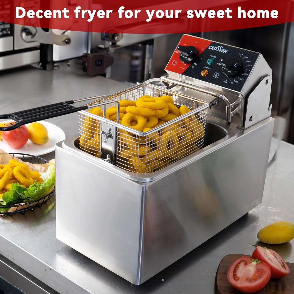 CROSSON Commerciële Roestvrijstalen Elektrische Friteuse,230V/2500W Professionele Elektrische Friteuse 4L met Verstelbaar Thermostaat 80-200°C,met Afneembare Olietank