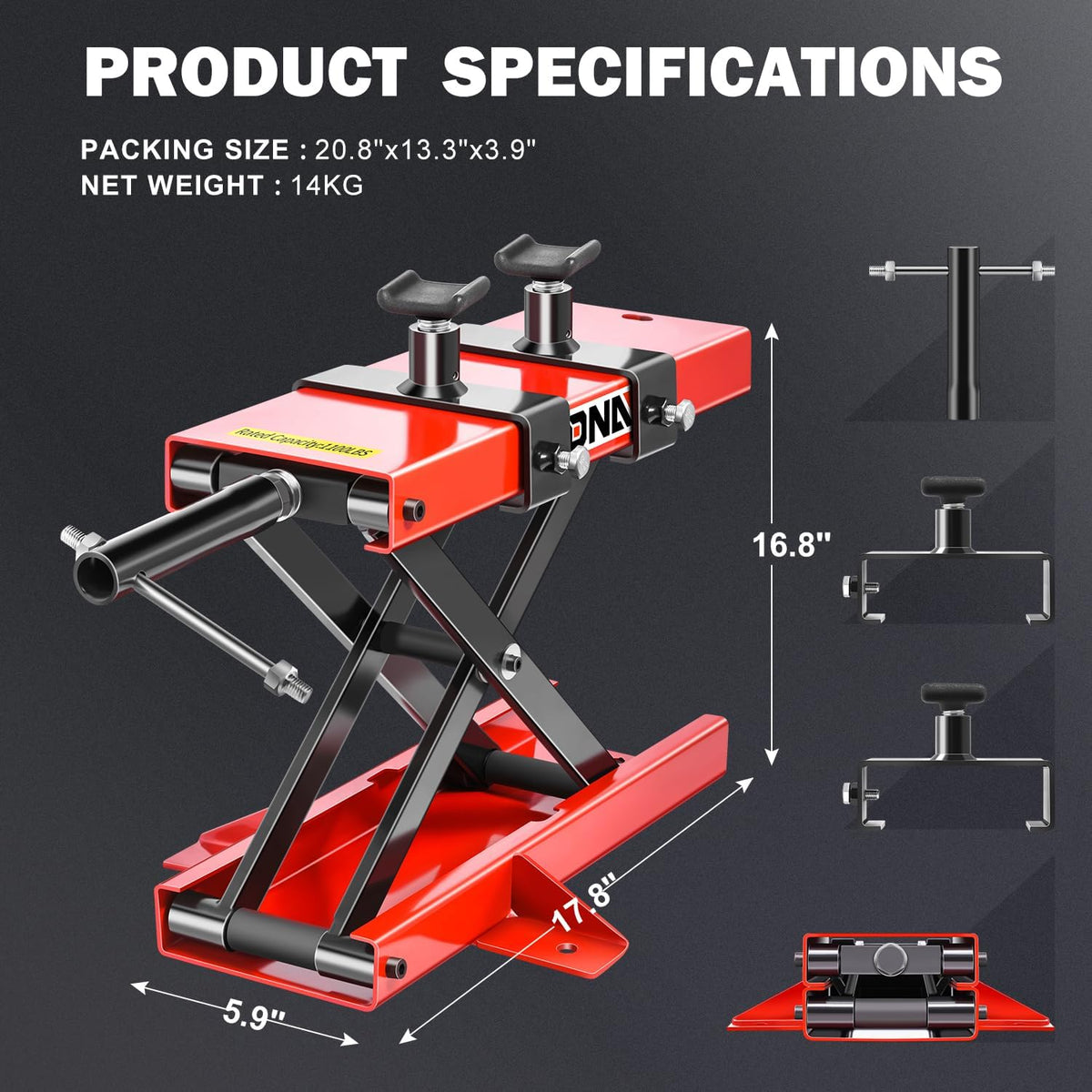 DNA MOTORING TOOLS-00289 Motorfiets schaarhefstandaard met zadel en pennen, 500 kg, hefbereik 9,3-37,5 cm