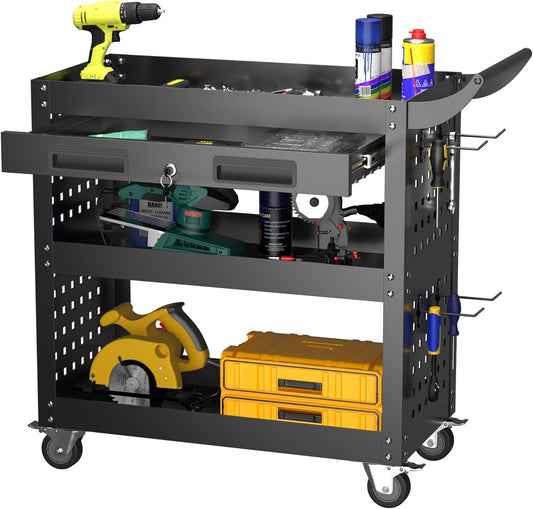 Gereedschapswagen met 3 lagen met afsluitbare lade en pegboard, 4 haken, maximale belasting van 200 kg, multifunctionele gereedschapswagen met geschikt voor werkplaatsen, magazijnen