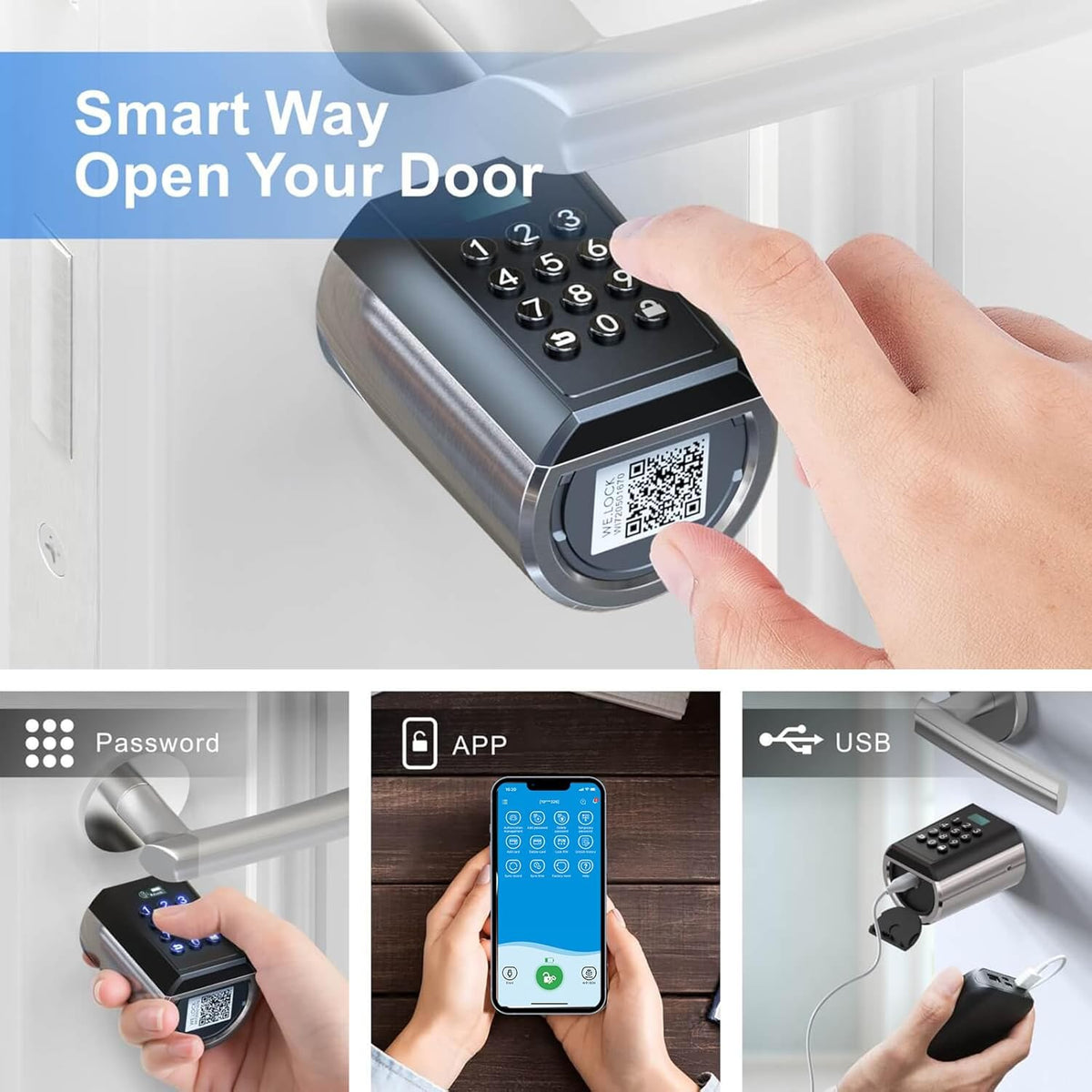 WELOCK PBL Elektronisch deurslot, deurslotcode met app, instelbare elektronische deursluitcilinder voor deurdiktes van 50-100 mm, elektronisch deurslot, huisdeur, zilver, SmartLock