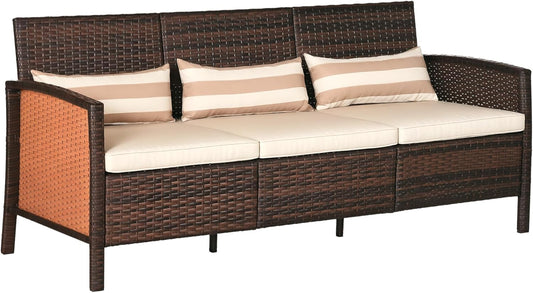 Outsunny Rattan Sofa with Cushions, Three Seater Lounge Sofa, Steel, Brown, 173 x 68 x 78 cm - QUORE