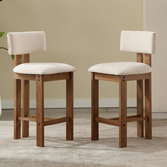 chairus Bar Stool Vintage Wooden Bar Stool Linen Solid Wood Base Comfortable Cushion Children's Chair Bar 66 cm for Counter Beige - QUORE
