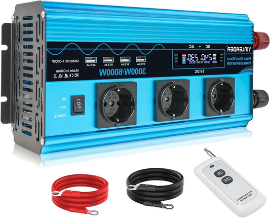 Yinleader Inverter 3000 W Pure Sine Wave Voltage Converter 24 V 230 V with LCD | 3 Sockets and 4 USB Ports Wireless Remote Control / 6000 W - QUORE