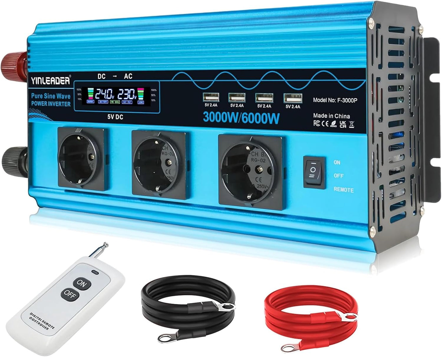 Yinleader Inverter 3000 W zuivere sinus spanningsomvormer 24 V 230 V met LCD | 3 stopcontacten en 4 USB-poorten draadloze afstandsbediening / 6000 W