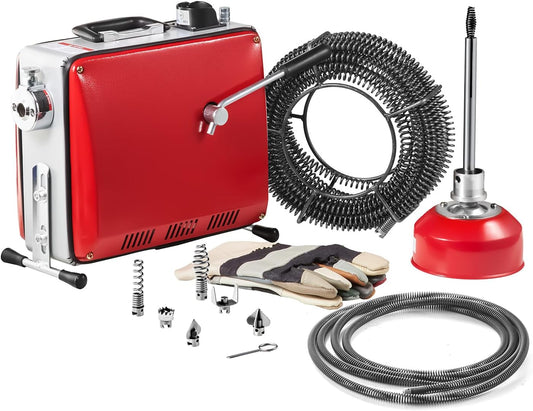 VEVOR Electric Pipe Cleaner 390 W 1400 rpm with 12 m x 16 mm Spring Cable and 6 Cleaning Heads Suitable for Tubes Diameter 50 to 110 mm