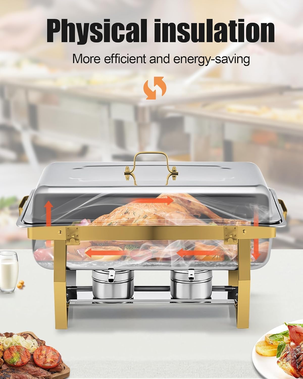 Chafing Dish Buffet Set 9L [Elegant Goud en Zilver], 4-Pack Gouden Chafing Dishes voor Buffet [Afgeronde Rand Design], RVS Voedselwarmer voor Catering Buffet en Alle Feesten