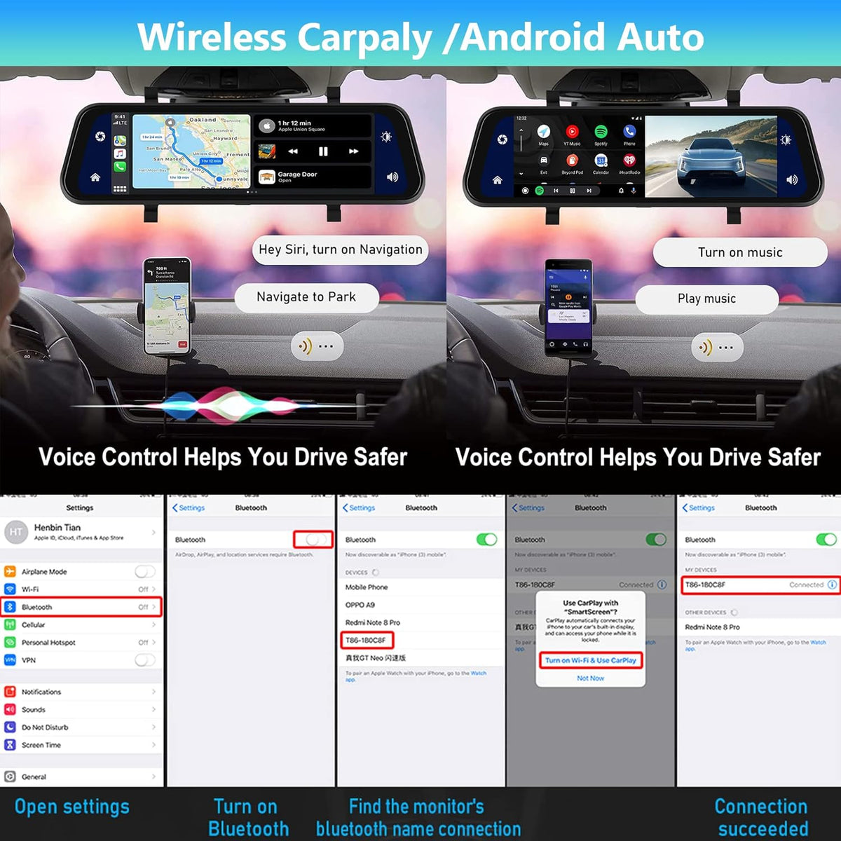 Hodozzy Spiegel Dashcam Carplay Draadloze Android Auto Bluetooth 24,5 cm (9,66 inch) IPS Touchscreen Voorcamera Achteruitrijcamera Waterdicht Nachtzicht WDR Auto Achteruitkijkspiegel Parkeermonitor