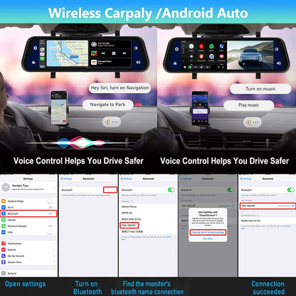 Hodozzy Spiegel Dashcam Carplay Draadloze Android Auto Bluetooth 24,5 cm (9,66 inch) IPS Touchscreen Voorcamera Achteruitrijcamera Waterdicht Nachtzicht WDR Auto Achteruitkijkspiegel Parkeermonitor