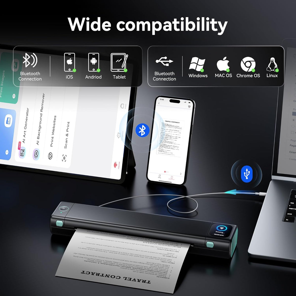 Phomemo M08D Touch Screen Portable Thermal Printer A4 Bluetooth Wireless Compatible with iOS Android Printer Without Ink for Travel Business - QUORE