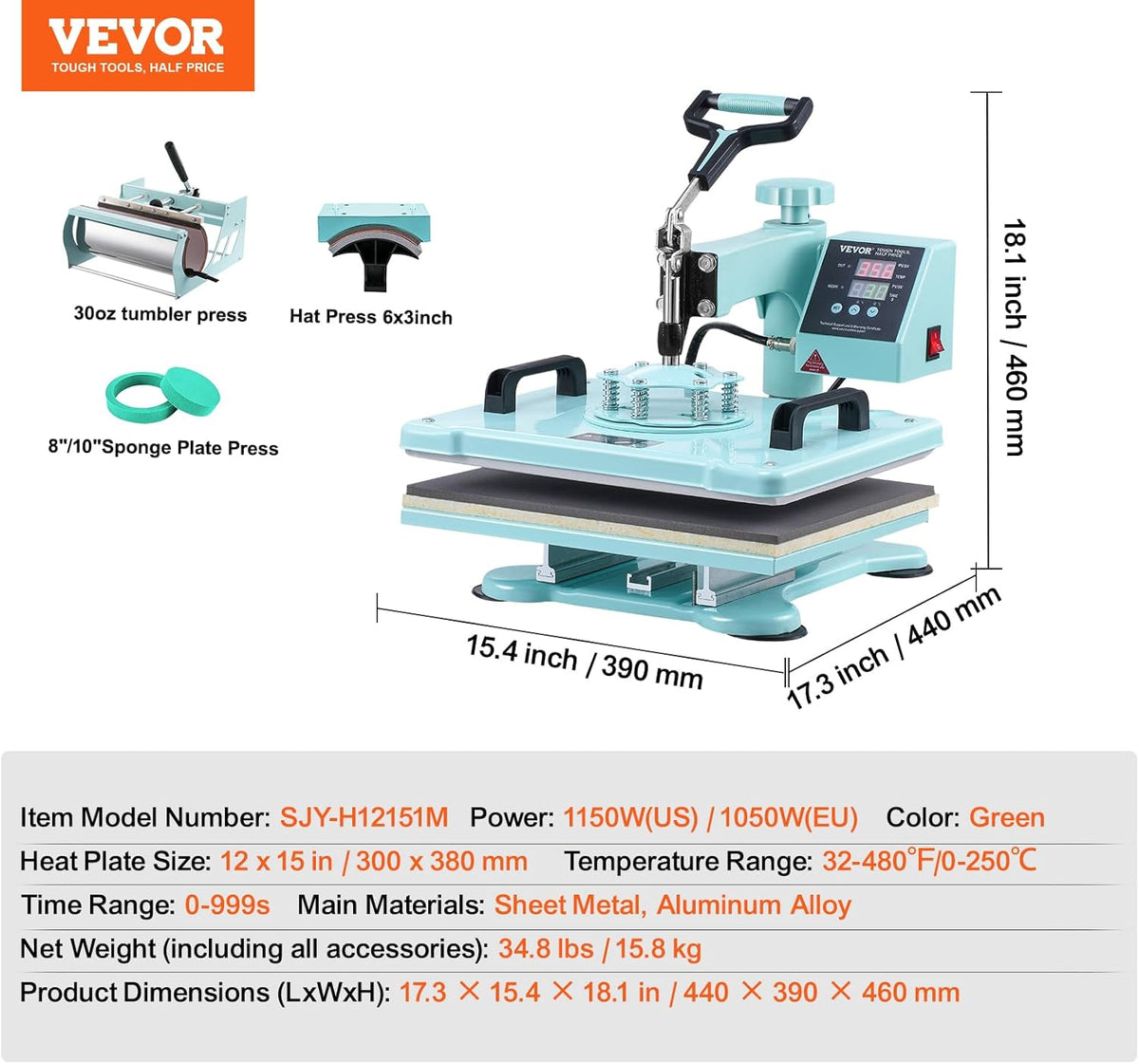 VEVOR Warmtepersmachine, 30,5 x 38 cm, 5-in-1 warmteoverdrachtmachine met 30 oz tuimelpers, 360° zwenkbaar T-shirt persen, digitale nauwkeurige controle, voor T-shirts, mokken/hoeden/borden, groen