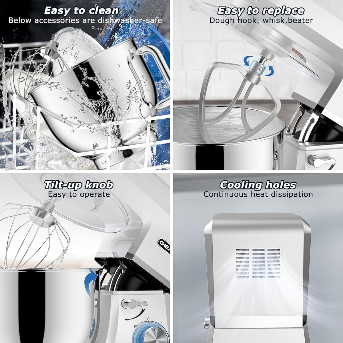 CHeflee Keukenmachine, 1800 W, krachtige kneedmachine, met kneed- en roerfunctie, 6 snelheden, geluidsarme deegkneedmachine, 7,2 liter, roestvrijstalen kom, deeghaak en garde, spatbescherming