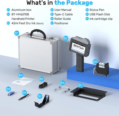BENTSAI BT-HH6210B draagbare inkjetprinter, 2,5 cm, drukhoogtecoder voor batchnummer, datum, logo, QR-code gedrukt op kunststof, karton, hout, metaal, kleding inclusief