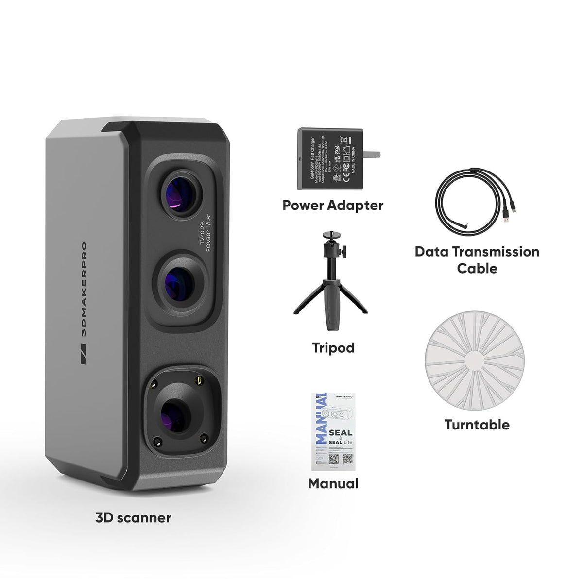 3D-scanner, 24-bits kleurencamera, optische lenzen met anti-shake functie, 0,01 mm nauwkeurigheid en 10 FPS scansnelheid, draagbare 3D-scanner voor 3D-printen, 3DMakerpro Seal Premium Kit