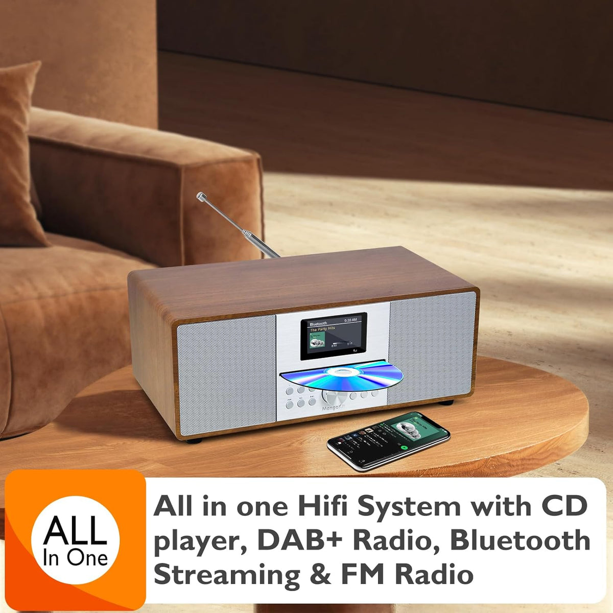 MS4 CD-speler DAB Radio Hifi Systeem,Bluetooth, Krachtige Stereo Systeem,Digitale Radio DAB+,Akoestische Houten Kast,CD Speler Met Speakers,40 Presets,Hoofdtelefoon Jack,Walnoot Finish