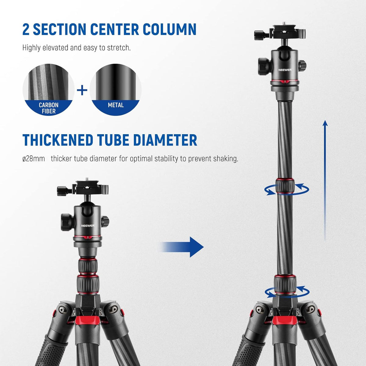 NEEWER Opgewaardeerde 80.5" Carbon Fiber Camera Statief Monopod met Telescopische 2 Sectie Center Axes, 360 ° Panorama Ballhead, 1/4" Arca Type QR Plaat, Reisstatief met ø28mm kolom, Max Belasting 20