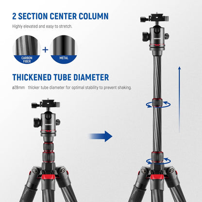 NEEWER Opgewaardeerde 80.5" Carbon Fiber Camera Statief Monopod met Telescopische 2 Sectie Center Axes, 360 ° Panorama Ballhead, 1/4" Arca Type QR Plaat, Reisstatief met ø28mm kolom, Max Belasting 20