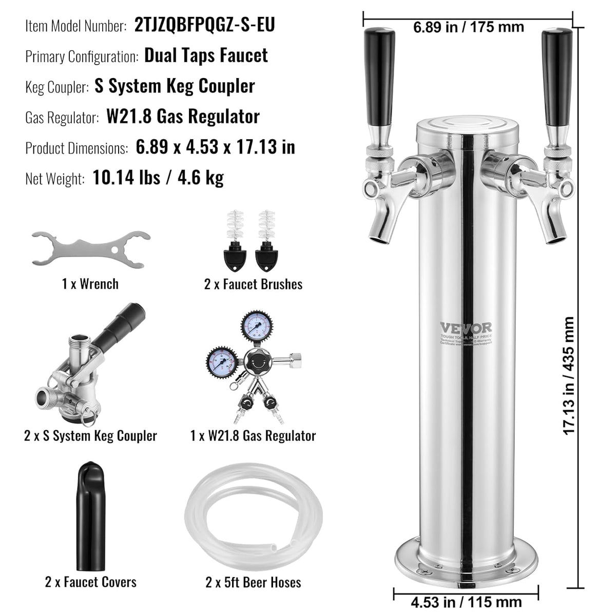 VEVOR Kegerator Tower Kit, dubbele kranen bierconversiekit, roestvrijstalen vaatje biertorendispenser met dubbele meter W21.8 regelaar en S-systeem vaatkoppeling voor feest thuis