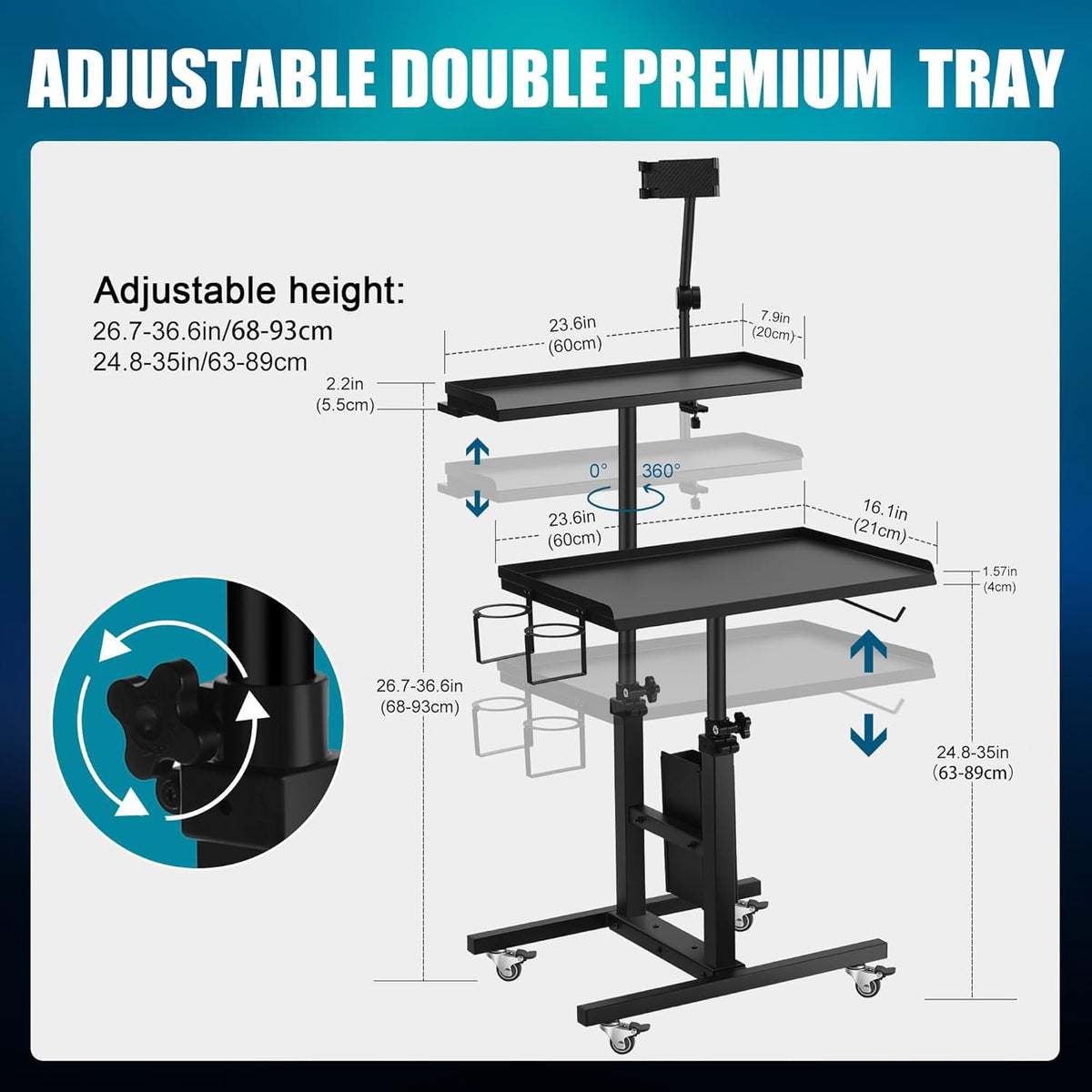 Poarmeey Premium Tattoo Salon Verstelbare Double Tier Werkstation met Wielen voor Tattoo Studio