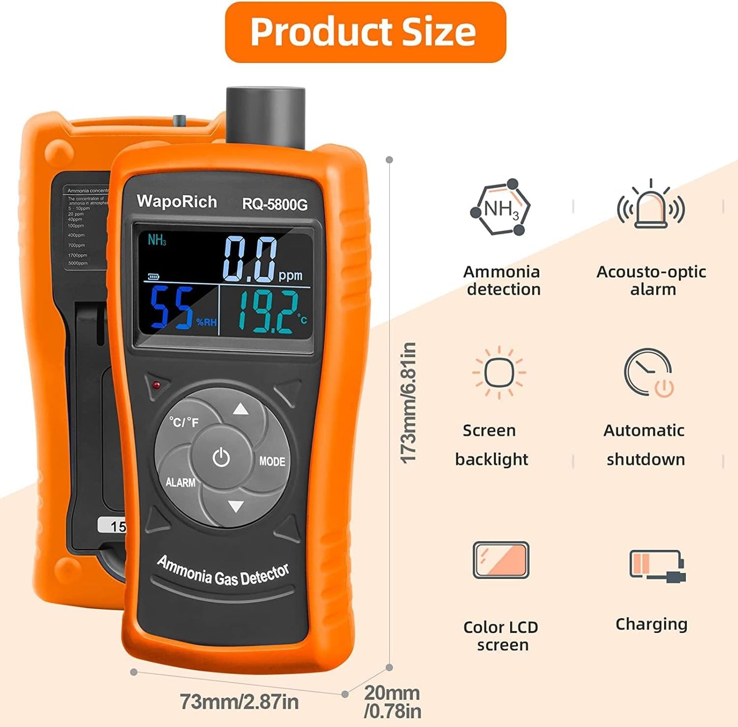 Ammoniak Gas Detector 0~100 PPM NH3 Monitor Tester, Oplaadbare Ammoniakanalyser Deeltjesdetector Professionele Meter met Temperatuur, Vochtigheid voor Pluimvee, Boerderij - RQ-5800G