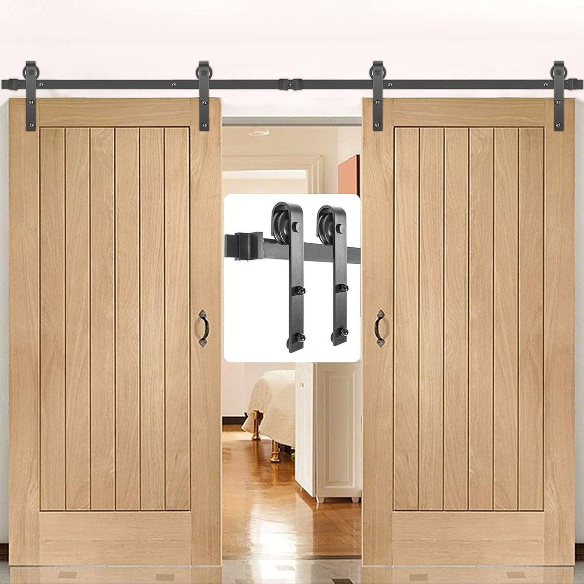VEVOR Schuifdeursysteem, 335 cm, schuifdeurbeslag, koolstofstaal, looprails, set, 150 kg draagvermogen, deurgeleiding, geschikt voor deurbreedte van 167 cm, beslag voor dubbele deuren