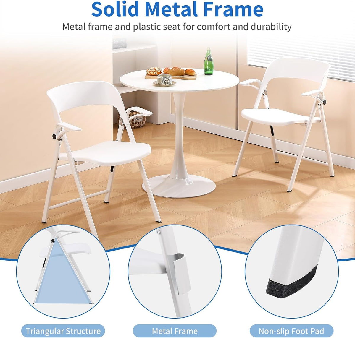 KAIHAOWIN 2 stuks kunststof klapstoel met armleuning, zware opvouwbare stoelen met stalen frame, commerciële stapelbare gaststoelen voor binnen en buiten, wit