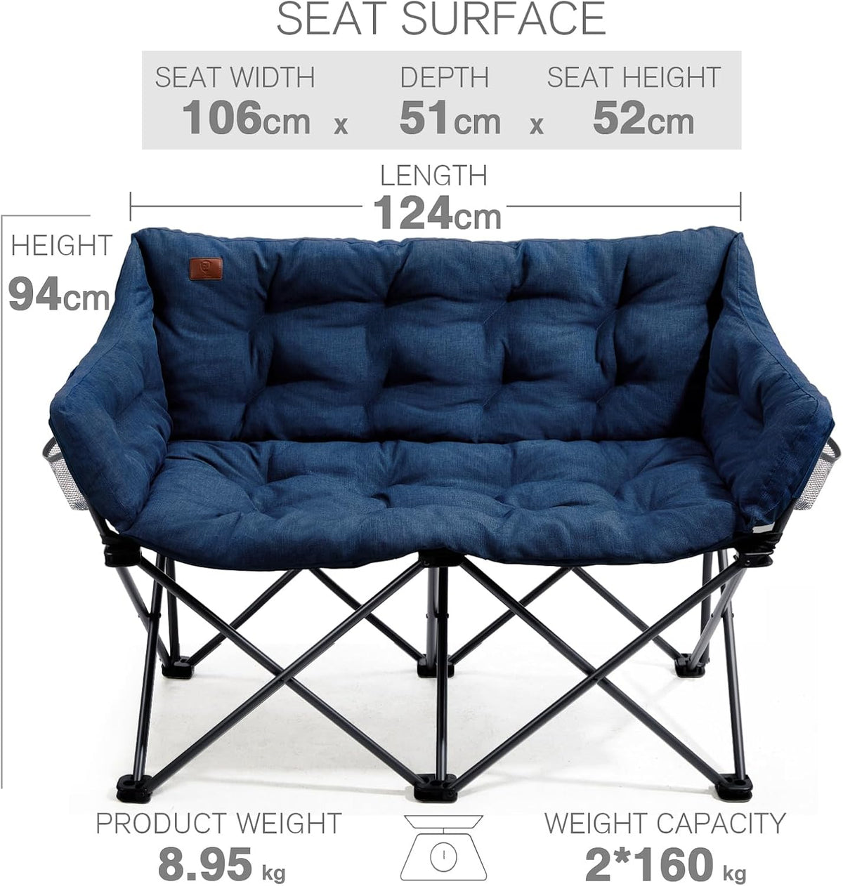 EVER ADVANCED Campingstoel, opvouwbaar, 124 cm breed, campingbank voor 2 personen, vouwbank, 320 kg belastbaar, campingbank, dik gevoerde klapstoel, XXL, 2-zits, hoge rugleuning voor buiten, tuin
