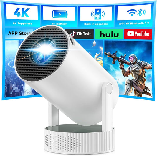 Beamer met accu, mini-projector ondersteuning 4K resolutie, 220° rotatie, geïntegreerde luidspreker en bluetooth-projector, Auto Keystone WiFi6 beamer projector voor thuisbioscoop slaapkamer