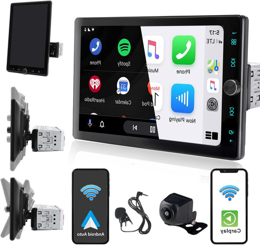 Car Radio 1 DIN with 10.4" Screen Rotating Touch Screen, Compatible with [Wireless] Apple CarPlay/Android Car Bluetooth Rear Camera AM/FM/RDS Radio USB - QUORE