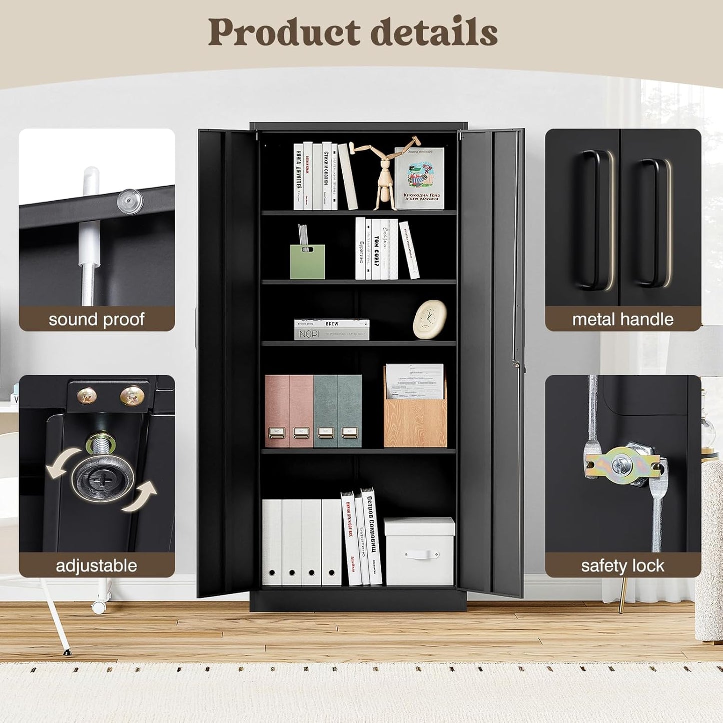 Steel Storage Cabinet, Steel Filing Cabinet with Lock, 4 Adjustable Shelves, Double Doors, Multifunctional Tool Cabinet for Study Room, Garage, Black