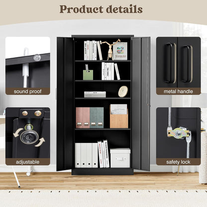 Steel Storage Cabinet, Steel Filing Cabinet with Lock, 4 Adjustable Shelves, Double Doors, Multifunctional Tool Cabinet for Study Room, Garage, Black