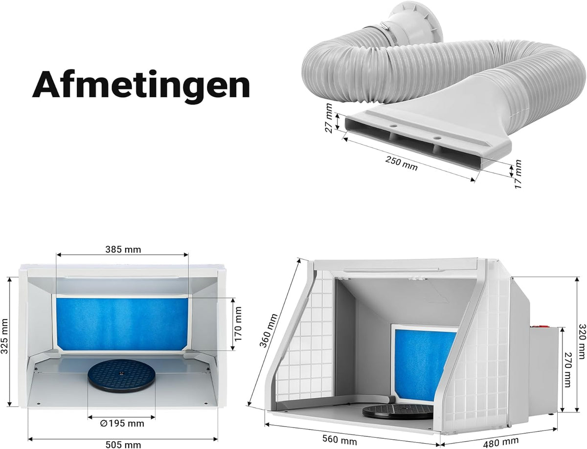 Wiltec airbrush-afzuigsysteem 9m³/min met LED-verlichting, tweetraps schakelaar en dubbele ventilator