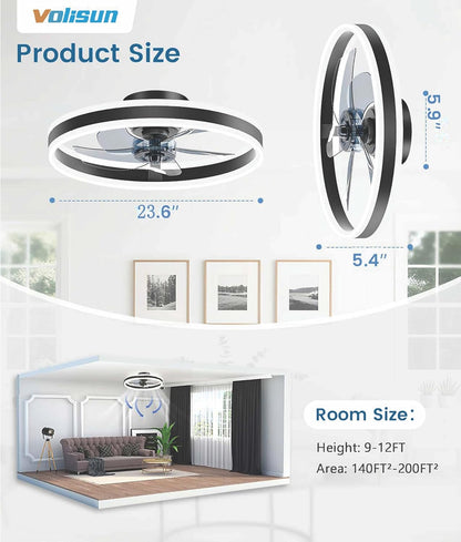 VOLISUN Plafondventilator met licht en afstandsbediening, 6 snelheden en dimbaar, moderne ventilator, stille led-plafondventilator voor slaapkamer en woonkamer (zwart, 59,5 cm)